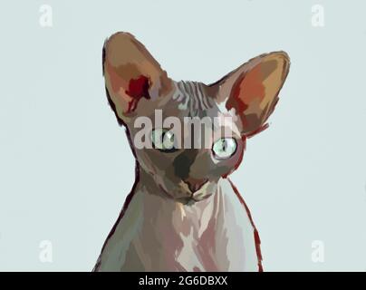 Illustration peinte d'un adorable chat Sphynx avec des yeux verts sur fond bleu pastel Banque D'Images