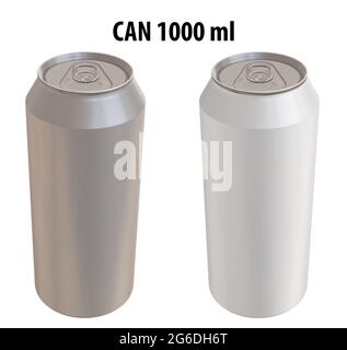 Rendu 3D - image haute résolution de CAN 1000ml, blanc et argent, isolé sur fond blanc, détails de haute qualité, prêt à imprimer pour les grandes formes Banque D'Images