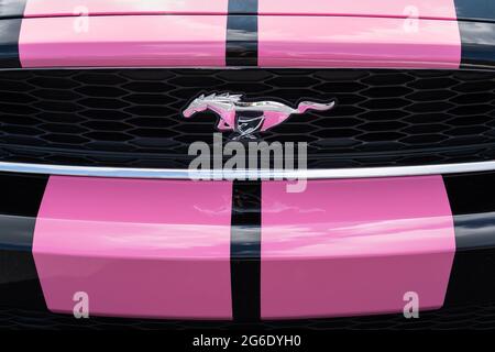 Eureka Springs, AR - 11 juin 2021 : l'emblème Ford Mustang Running Pony est sur la calandre d'une voiture noire à larges rayures roses. Banque D'Images