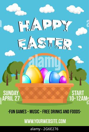 Modèle joyeuses Pâques pour la circulaire, l'affiche, la bannière avec des œufs dans le panier et des arbres dans un fond coloré - illustration vectorielle Illustration de Vecteur
