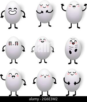 Joyeuses Pâques blancs oeufs neuf visages différents dessin animé isolé sur fond blanc - illustration vectorielle Illustration de Vecteur