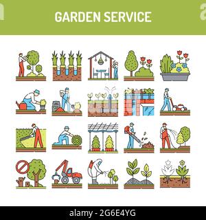 Ensemble d'icônes de la ligne de couleur du service de jardin. Pictogramme pour page Web, application mobile, Promo. Élément de conception UI UX GUI. Contour modifiable. Illustration de Vecteur