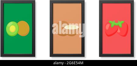 Trois affiches minimalistes dans un cadre moderne noir, des fruits kiwi, ananas et fraise - illustration vectorielle Illustration de Vecteur
