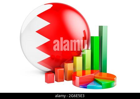 Drapeau bahreïni avec graphique à barres de croissance et graphique à secteurs. Entreprises, finances, statistiques économiques à Bahreïn concept. Rendu 3D isolé sur fond blanc Banque D'Images