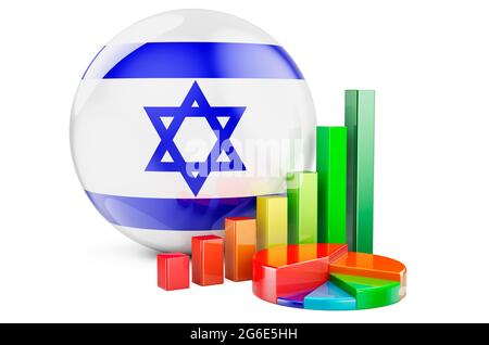 Drapeau israélien avec graphique à barres de croissance et graphique à secteurs. Entreprises, finances, statistiques économiques en Israël concept. Rendu 3D isolé sur fond blanc Banque D'Images