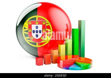 Drapeau portugais avec graphique à barres de croissance et graphique à secteurs. Entreprises, finances, statistiques économiques au Portugal concept. Rendu 3D isolé sur fond blanc Banque D'Images