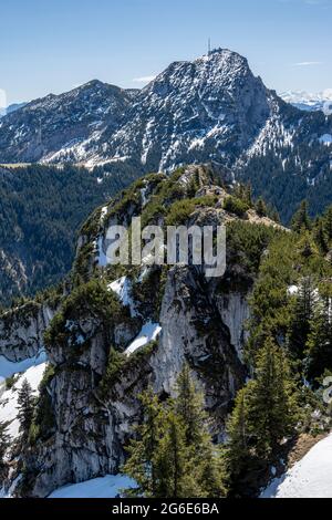 Vue depuis le sommet de Breitenstein, derrière Wendelstein, Fischbacau, Bavière, Allemagne Banque D'Images