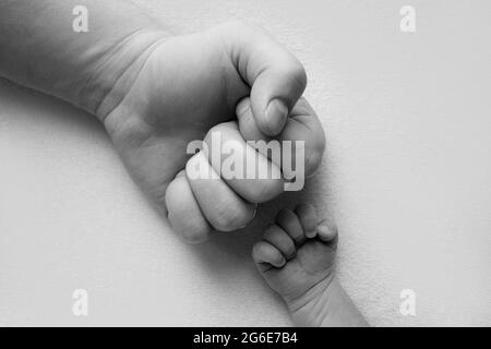 Papa et nouveau-né garçon fils garder leurs mains dans un poing, petit et grand poings. Père et fils, le premier punch de boxe. Photo en noir et blanc. Banque D'Images