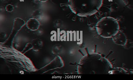 Vue microscopique d'un virus infectieux. Contagion et propagation d'une maladie. Virus Corona. COVID-19. Effet de démangeaison. Rendu 3D Banque D'Images