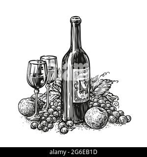 Bouteille de vin avec deux verres et raisins. Cave de vinification, boisson alcoolisée de style gravure. Illustration du vecteur d'esquisse Illustration de Vecteur