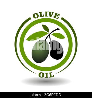 Logo cercle vectoriel huile d'olive avec branche de feuilles vertes et symbole de fruits noirs sur un pictogramme rond pour l'enseigne des cosmétiques biologiques, étiquettes d'étiquetage des aliments naturels Illustration de Vecteur