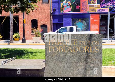 Parc Parque de los Pobladores dans le centre-ville de San Jose, Californie commémorant les fondateurs de la ville qui sont arrivés en Californie lors de l'expédition Anza 1776. Banque D'Images