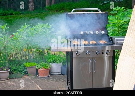 Griller de délicieuses viandes dans un barbecue fumé lors d'une belle journée d'été -15 Banque D'Images