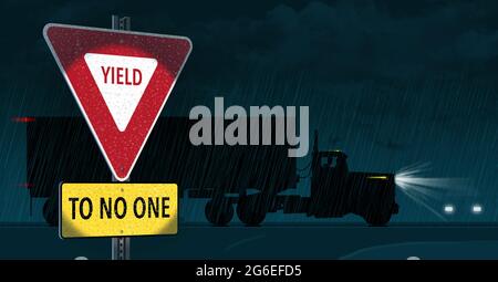 Un panneau de signalisation routière inclut les mots Yiel à personne comme un semi-camion conduit par dans l'arrière-plan la nuit sous la pluie. Voici une illustration en 3 jours. Banque D'Images
