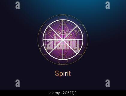 Symbole de l'esprit wicca alchimie, géométrie sacrée d'or, logo magique du signe spirituel. Vecteur or mandala isolé sur le bac bleu et violet Illustration de Vecteur