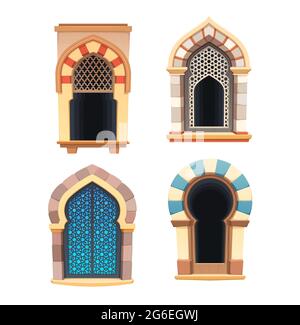 Fenêtres du château arabe ou de la forteresse intérieure de conception vectorielle. Ouverture de fenêtre en forme d'arc de bande dessinée avec des treillis sculptés, décorée avec un motif arabesque a Illustration de Vecteur