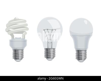 Ampoules et lampes, icônes vectorielles de dessins animés. Ampoules électriques isolées à LED et à incandescence ou à économie d'énergie, ensemble de lampes de dessin animé ou réalistes Illustration de Vecteur