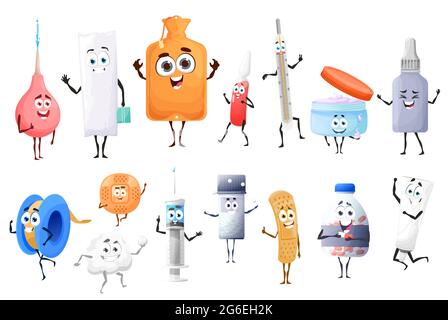 Les pilules de dessin animé, les médicaments et les caractères de médicament. Mascottes de médecine vectorielle, cute Happy Clyster, seringue et thermomètre avec pommade dans un pot. Capsule, bo Illustration de Vecteur