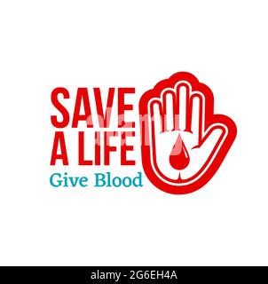 Donner une icône de vecteur sanguin avec une main de donneur isolée et une goutte de sang rouge. La médecine transfusionnelle, le laboratoire médical et le centre de soins de santé emblèmes desig Illustration de Vecteur