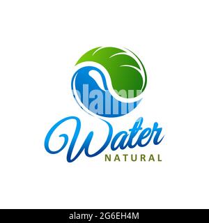 Icône de l'eau naturelle. Goutte bleue avec symbole de feuille vert et lettrage. Protection de l'environnement et de l'écologie, produits alimentaires écologiques et déchets biologiques icône de recyclage ou Illustration de Vecteur