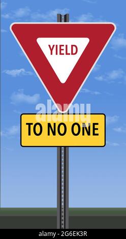 Un panneau de signalisation dit: Yeild à personne. Voici une illustration en 3 jours. Banque D'Images
