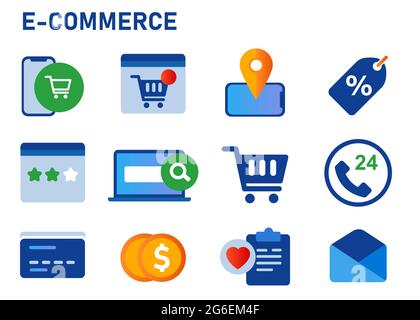 icon set collection de e-commerce smartphone panier mobile carte de crédit local liste de souhaits de réduction Illustration de Vecteur