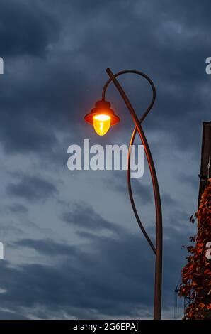 La lanterne de rue brille avec une lumière chaude sur fond ciel nuageux le soir. Les moucherons éclairent la lumière Banque D'Images