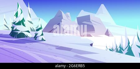 Montagnes d'hiver, nature du nord paysage rocheux avec conifères arbres et rochers couverts de neige. Resort, parc sauvage ou jardin avec des pins glacés sous le ciel bleu, fond de dessin animé, illustration vectorielle Illustration de Vecteur