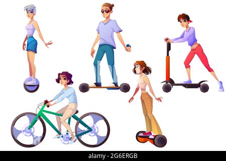 Ensemble de personnes de transport écologique vélo, scooter, planque et talon de la zowheel. Les adolescents, les citadins, les hommes et les femmes qui conduisent différents moyens de transport écologiques. Illustration vectorielle de dessin animé Illustration de Vecteur