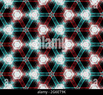 Motif hexagonal sans couture en cyan, rouge, noir et blanc, élément de design pour affiche, papier peint, emballage, papier d'emballage, couverture. Art abstrait texture de la démangeaison fond avec effet kaléidoscope. Illustration de Vecteur