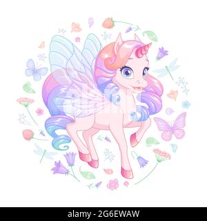 mignonne de jeune licorne avec des ailes de fées entourées de fleurs et de papillons. Illustration vectorielle. Illustration de Vecteur
