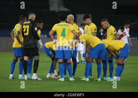 Rio de Janeiro, Brésil. 05e juillet 2021. Team Brazil lors du match de football semi-final Copa America 2021 entre le Brésil et le Pérou le 5 juillet 2021 au stade Nilton Santos de Rio de Janeiro, au Brésil. Photo Laurent Lairys/ABACAPRESS.COM crédit: Abaca Press/Alay Live News Banque D'Images