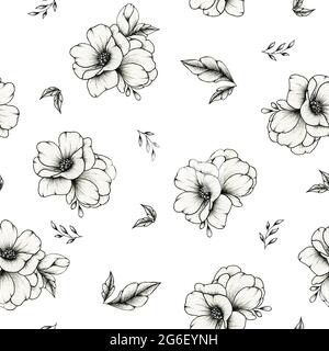 Magnifique motif sans couture avec fleurs noires et blanches, dessin botanique pour les articles de papeterie de mariage, les salutations, le textile, la mode Banque D'Images