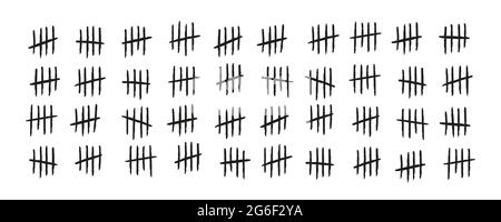 Marques tally. Lignes ou bâtons dessinés à la main triés par quatre et barrés. Visualisation mathématique simple du comptage, comptoir de prison ou de mur de prison. Vecteur Illustration de Vecteur