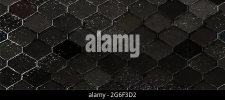 Cale de finisseur hexagonale. Texture de roche noire. Résumé des couches de pierre. Arrière-plan de la nature. Rendu 3D. Banque D'Images