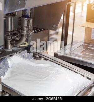 Production et production de lait de vache. Emballage du lait dans des sacs, industrie alimentaire, moderne Banque D'Images