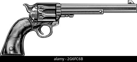 Pistolet style WESTERN Cowboy pistolet Revolver Woodcut Illustration de Vecteur