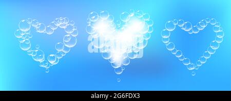 Ensemble de pièces de mousse de savon en forme de coeur. Vector Realistic SOAP suds. Symbole de Saint-Valentin. Arrière-plan bleu. Illustration de Vecteur