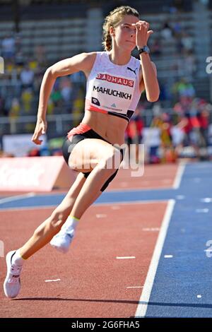 Yaroslava Mahuchikh (UKR) remporte le saut en hauteur féminin à 6-8 (2,03m) pendant le Bauhaus Galan à l'Olympiastadion, le dimanche 4 juillet 2021, à Stockholm, SW Banque D'Images