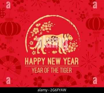 Joyeux nouvel an chinois 2022 signe zodiaque, année du tigre, papier rouge et or, fleurs et éléments asiatiques avec style artisanal sur fond, Noël ta Illustration de Vecteur