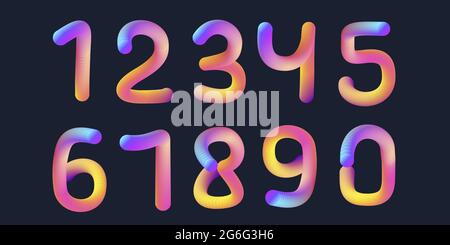 les nombres de dégradé 3d de 0 à 9 dessins animés stylisés.forme circulaire de mélange formant des nombres, ensemble d'éléments typographiques lumineux sur fond sombre Illustration de Vecteur