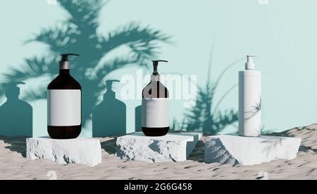 Rendu 3d de produits de parfumerie et cosmétiques pour la création de maquettes en pierre et fond bleu avec ombres de plantes dans le dos Banque D'Images