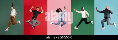 Portraits de groupes de personnes sur fond coloré, collage. Coloré. Saut en hauteur, vol, à l'aide d'un téléphone portable Banque D'Images