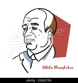 RUSSIE, MOSCOU - 16 mai 2019 : Nikita Khrouchtchev portrait vectoriel de couleur plate avec contours noirs. Homme d'État soviétique qui a dirigé l'Union soviétique pendant p Illustration de Vecteur