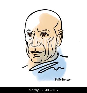 RUSSIE, MOSCOU - 21 JUIN 2019 : Pablo Picasso vector portrait aquarelle dessiné à la main avec contours d'encre. Peintre espagnol, sculpteur, graveur, céramici Illustration de Vecteur