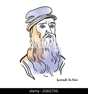 Célèbre artiste Leonardo da Vinci vecteur portrait aquarelle dessiné à la main avec des contours d'encre. Illustration de Vecteur