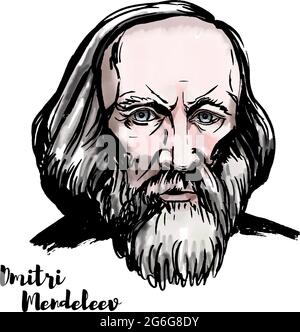 Dmitri Mendeleev aquarelle vector portrait avec contours d'encre. Chimiste et inventeur russe. Illustration de Vecteur