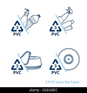 Code de recyclage 3 (PVC - Chlorure de polyvinyle) ensemble d'icônes de contour. Vider les articles en plastique transparent sur fond blanc. Illustration de Vecteur