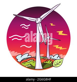 Illustration plane du vecteur de puissance du vent dans des couleurs vives. Composition ronde. Icône de l'éolienne indiquant la puissance du vent. Illustration de Vecteur