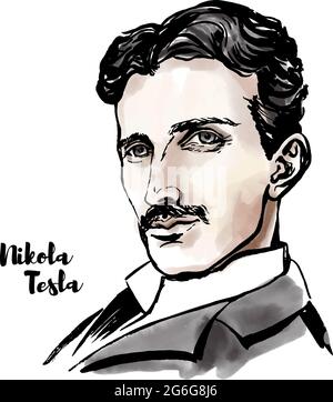 Portrait vectoriel aquarelle Nikola Tesla avec contours encreurs. Inventeur serbe-américain, ingénieur électrique, ingénieur mécanique, physicien et futuris Illustration de Vecteur